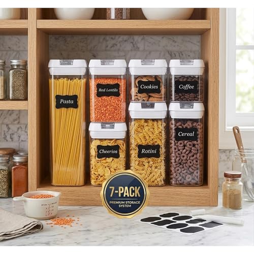 Airtight Food Storage Container Set, 7 Pieces Clear plastic cereal Canisters, easy lock Lids, kitchen pantry organization and storage, BPA free plastic, Included 24 labels & Marker