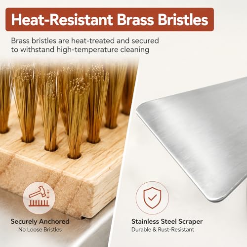 21'' Pizza Oven Brush with Scraper, Brass Bristles Pizza Stone Cleaning Brush with Long Handle and Hanging Loop for BBQ Grill Cleaning, Include 2 Brush Heads