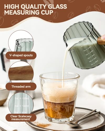 2 PCS Espresso Measuring Cup 6 Oz, Espresso Glass Cups with Wood Handle, Milk Frothing Cup, Espresso Cup for Coffee, Milk, Tea or Maple Syrup Serving (Grey) - color: Gray