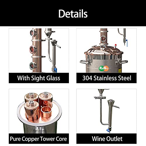 YUEWO 110V Electric 304 Stainless Steel Alcohol Distiller Flute Reflux Column Still with Sight Glasses Wine Making Kit for DIY Whisky Wine Brandy Gin - size: 65Liters/17Gal-Copper