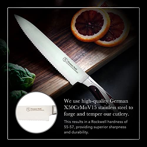Hammer Stahl Serrated Utility Knife | German Forged High Carbon Steel | Ergonomic Quad-Tang Pakkawood Handle & Gift Box - size: 6"