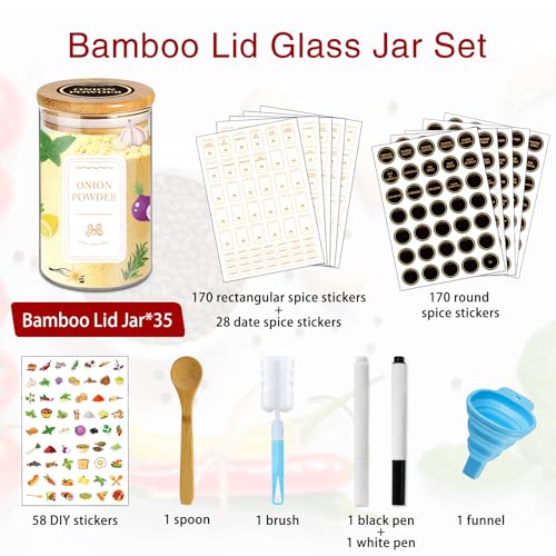 BGraceyy Spice Jars with Labels, 35 Pcs 4 oz Glass Spice Jars with Bamboo Lids, Minimalist Stackable Airtight Spice Containers with 426 labels for Home Kitchen, Pantry, Spice Cabinet, Drawer, Rack - size: 4 oz 35 pcs