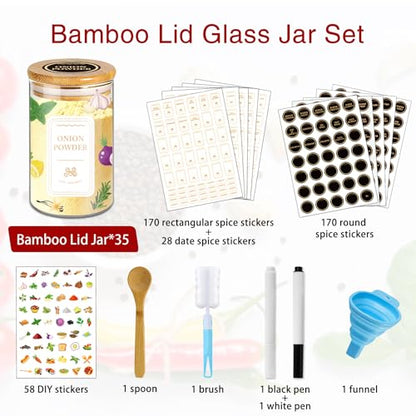 BGraceyy Spice Jars with Labels, 35 Pcs 4 oz Glass Spice Jars with Bamboo Lids, Minimalist Stackable Airtight Spice Containers with 426 labels for Home Kitchen, Pantry, Spice Cabinet, Drawer, Rack - size: 4 oz 35 pcs