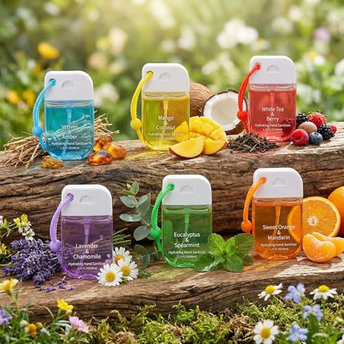 Frienda 12 Pcs Hydrating Hand Sanitizer Spray Scented Pocket Power Mist Hand Sanitizer Travel Size with Keychain Moisturizing Sanitizing Cleans Hands for Women(Airy) - style: Airy