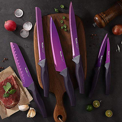 Wanbasion Purple Stainless Steel Knife Set, Sharp Kitchen Knife Set Professional, Kitchen Knife Set Dishwasher Safe with Covers for Cooking - color: Purple