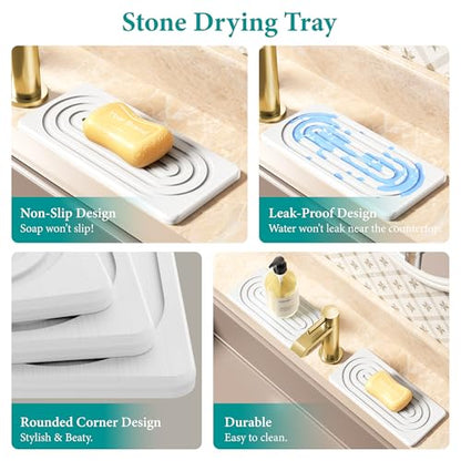 Water Absorbing Stone Tray, Quick Drying Diatomite Bathroom Tray Countertop, Stone Drying Mat for Kitchen Counter, Soap Dish Dispenser Vanity Organizer, White-A-8.3" x 4" - color: 8.3" X 4"-white-a