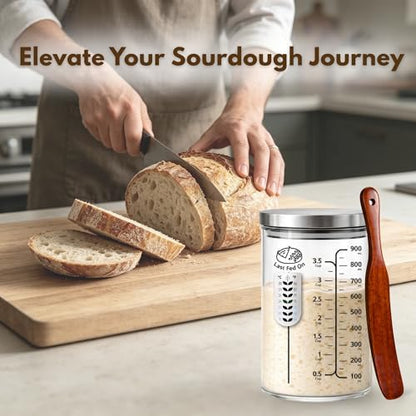 34Oz Sourdough Starter Jar Kit with Date Band, Thermometer & Wooden Spurtle Glass Sourdough Starter Container, Homemade Bread Fermentation Jar Kit