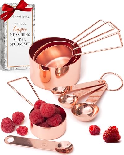 Copper Measuring Cups and Spoons Set – 8-Piece Stackable Stainless Steel Metal Measuring Utensils – Stylish and Sturdy Rose Gold Kitchen Accessories for Baking and Cooking - color: Copper