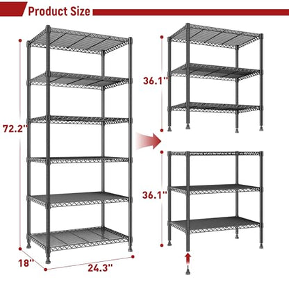 REIBII 6-Storage Shelves Metal Shelving Units and Storage Shelves, 72.2’’H Wire Shelving Garage Adjustable, Garage Storage Save Space, Heavy Duty Shelving for Pantry Kitchen, 24.3’’W X18’’D X72.2’’H - size: 【6 Tier】72"H X 24"W X 18"D