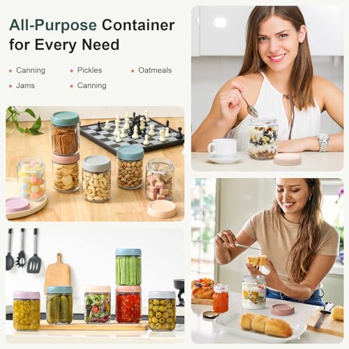 NETANY 6-pack 16 oz Overnight Oats Containers with Lids, Glass jars with Airtight Lids, Wide mouth Mason Salad jars, Glass Food Storage Containers for Snacks Yogurt Spice Sugar - color: Multicolor- 16 oz (6 Pack)
