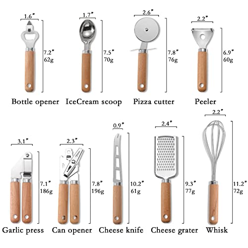 9pcs Kitchen Gadget Set with Wooden Handle, Stainless Steel Cooking Tools Kitchen Accessories Pizza Cutter, Egg Whisk, Vegetable Peeler, Can Opener, Garlic Press - color: Gadget Set