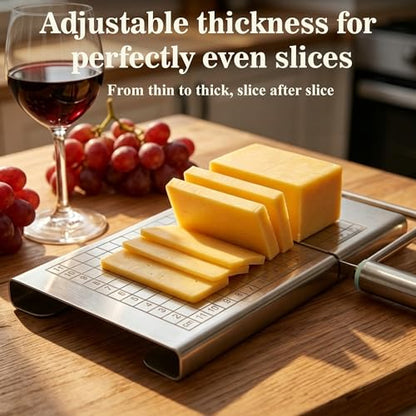 Wire Cheese Slicer & Cutter for Block Cheese & Butter — Stainless Steel Blade with Measuring Grid for Adjustable Thickness, No Wire Replacement Needed, Dishwasher Safe