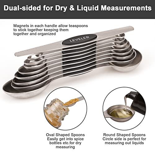 Aovchei 9 PCS Magnetic Measuring Spoons Set, Dual Sided, Stainless Steel Small Tablespoon, Teaspoons, Fits in Spice Jars, for Dry and Liquid, Black - size: 9pcs-black