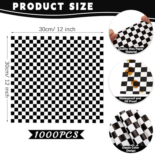 1000 Pcs Deli Paper Sheets 12x12 Inch, Black and White Checkered Food Basket Liners, Grease Resistant Sandwich Wrapping Paper for Burgers, Fries, BBQ, Restaurant & Food Supplies - color: Black