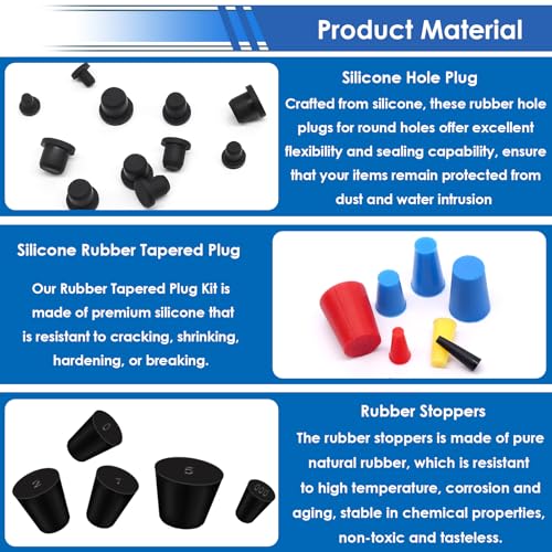 smseace 300Pcs Rubber Plug/Silicone Hole Plug/Solid Rubber Stoppers 3-Type 24-Sizes High-Temperature Resistant Soft Flexible Stopper Packed in Handheld Toolbox - size: 300Pcs