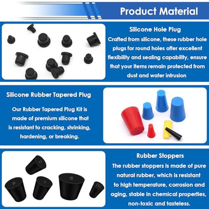smseace 300Pcs Rubber Plug/Silicone Hole Plug/Solid Rubber Stoppers 3-Type 24-Sizes High-Temperature Resistant Soft Flexible Stopper Packed in Handheld Toolbox - size: 300Pcs