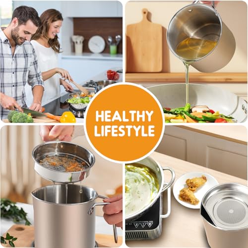 Chihee Grease Container Stainless Steel 2L / 67.6 fl oz Fine Mesh Strainer | Easy to Clean Large Spout Bacon Grease Saver Cooking Oil Keeper Stoarge Can with Dust-proof Lid Non-slip Tray Kitchen Frying - color: Champagne Gold(2L)