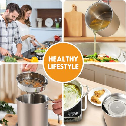 Chihee Grease Container Stainless Steel 2L / 67.6 fl oz Fine Mesh Strainer | Easy to Clean Large Spout Bacon Grease Saver Cooking Oil Keeper Stoarge Can with Dust-proof Lid Non-slip Tray Kitchen Frying - color: Champagne Gold(2L)