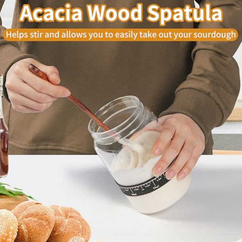 Kmise 2 Pack Sourdough Starter Jar Glass, 34 Oz Wide-mouth Sourdough Starter Jar Kit W/Acacia Spatula, Cholkboard Sign, Thermometer, Feeding Band, cloth cover,Reusable Sourdough Bread Baking Supplies - color: 2 ガラス