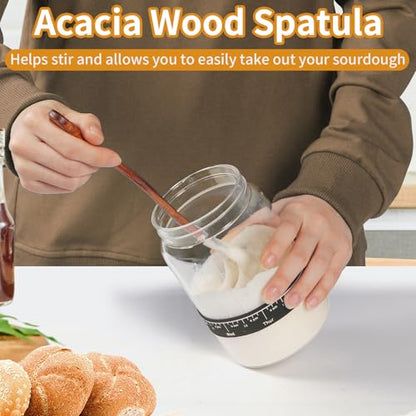 Kmise 2 Pack Sourdough Starter Jar Glass, 34 Oz Wide-mouth Sourdough Starter Jar Kit W/Acacia Spatula, Cholkboard Sign, Thermometer, Feeding Band, cloth cover,Reusable Sourdough Bread Baking Supplies - color: 2 ガラス