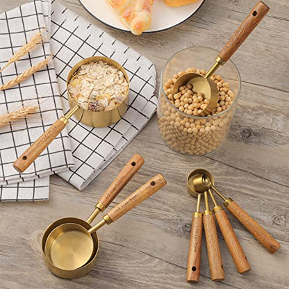 Measuring Cups and Spoons Set of 8, Golden Stainless Steel Measuring Cup with Wooden Handle, Kitchen/Food/Liquid/Baking (gold) - color: Gold