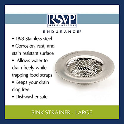 RSVP International Endurance® Stainless Steel Large Sink Strainer, 4.5" | Traps Food Scraps | Polished Finish with Precision Pierced Holes | Dishwasher Safe - size: Strainer