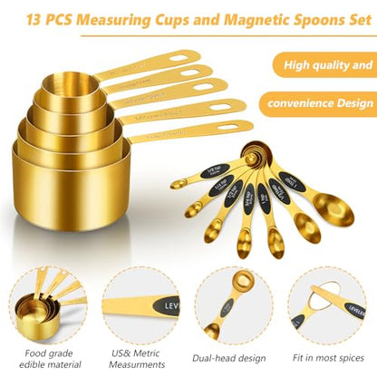 Gold Measuring Cups and Spoons, Set of 13, Including 8 Dual Sided Magnetic Measuring Spoons set with Leveler, 5 Measuring Cups, Stainless Steel Kitchen Gadgets for Liquid & Dry Ingredients - size: Set of 13