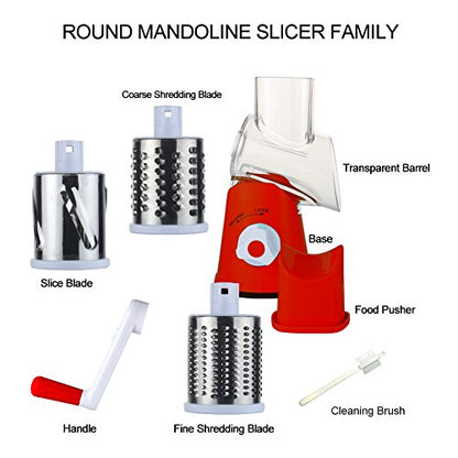 Cambom Rotary Cheese Grater Hand Crank Cheese Shredder for Fresh Cheese, Vegetable, Nuts,Non-slip Suction Base，Three Blades,Red - color: Red, size: 3 BLADES