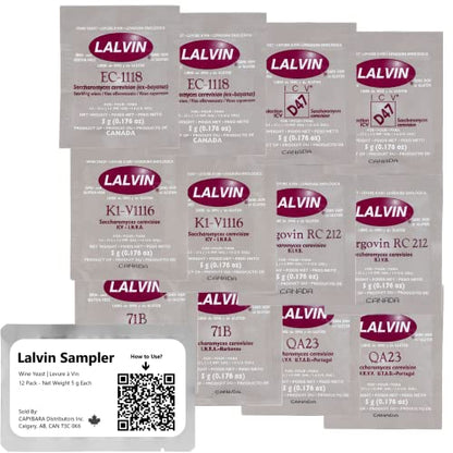 Lalvin Sampler Wine Yeast (12 Pack) - Sold by CAPYBARA Distributors Inc. | Make Wine Cider Mead Kombucha At Home, 5 g Sachets, Saccharomyces cerevisiae