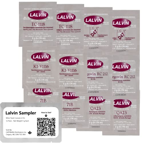Lalvin Sampler Wine Yeast (12 Pack) - Sold by CAPYBARA Distributors Inc. | Make Wine Cider Mead Kombucha At Home, 5 g Sachets, Saccharomyces cerevisiae