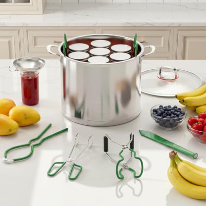 Pisol Canning Supplies Starter Kit, 7 Piece Canning Tools Set with Stainless Steel Rack, Wide Mouth Funnel, Kitchen Tongs, Jar Lifter, Magnetic Lid Lifter, jar Wrench, Bubble Popper - color: Green