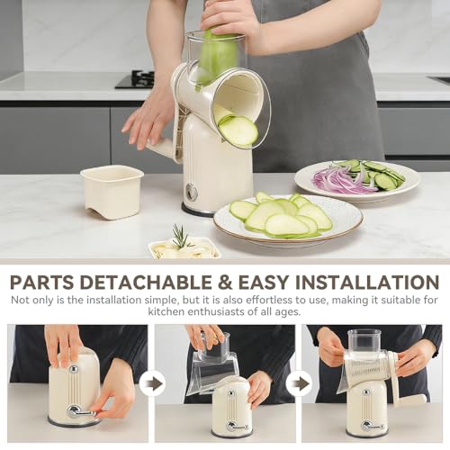KEOUKE Rotary Cheese Grater 5 in 1 White - Hand Crank Vegetable Cutter, Shredder, Slicer, Enlarge Input, Suction Base, Labor-Saving Handle, Blade Storage Box, for Onion, Potato, Vegetable, Nuts, etc - color: White