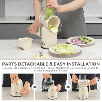 KEOUKE Rotary Cheese Grater 5 in 1 White - Hand Crank Vegetable Cutter, Shredder, Slicer, Enlarge Input, Suction Base, Labor-Saving Handle, Blade Storage Box, for Onion, Potato, Vegetable, Nuts, etc - color: White