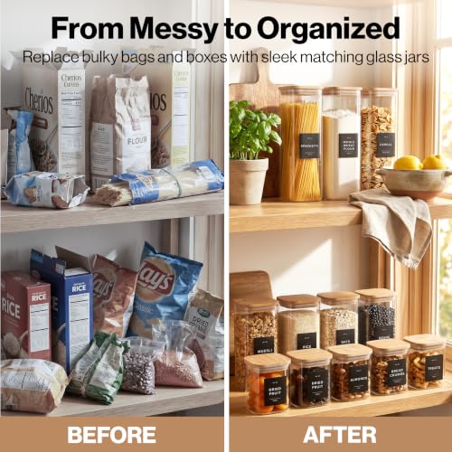 EDELHAUS Glass Storage Containers with Bamboo Lids and Labels - Set of 5 | Extra Thick Square Glass Canisters with Bamboo Wood Lids and 54 Pre-printed Pantry Labels keeps dry Goods Fresh and Organized - color: Black Labels - Bamboo Lids - 5 Pack