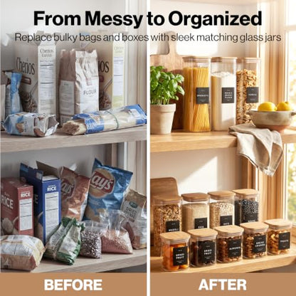 EDELHAUS Glass Storage Containers with Bamboo Lids and Labels - Set of 5 | Extra Thick Square Glass Canisters with Bamboo Wood Lids and 54 Pre-printed Pantry Labels keeps dry Goods Fresh and Organized - color: Black Labels - Bamboo Lids - 5 Pack