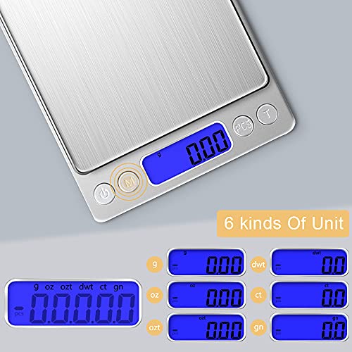 Digital Kitchen Scale with 2 Trays, Diyife 500g/0.01g High Precision Cooking Food Scale, Mini Gram Scale with LCD Display, 6 Units, Auto Off, Tare Function, Girls Gift (Batteries Included) - color: Silver