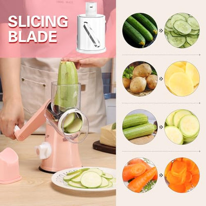 Cambom Rotary Cheese Grater Hand Crank Cheese Shredder for Fresh Cheese, Vegetable, Nuts,Non-slip Suction Base，Three Blades,Pink - color: Pink, size: 3 BLADES