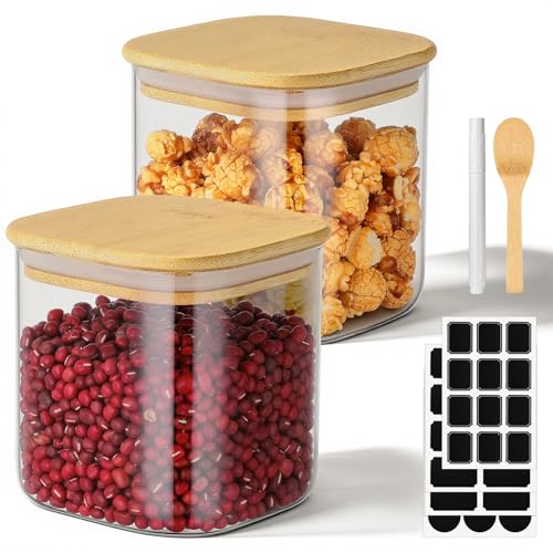 Square Glass Jar with Lid, 2 Pack 24 Fl.oz Glass Jars with Bamboo Lids, Clear Airtgiht Flour Sugar Storage Containers for Coffee, Tea, Cereal, Candy - Included Labels, Marker and Spoon - color: 2 Pack, size: 24 fl.oz