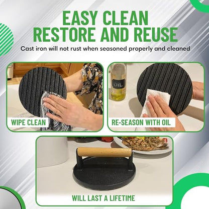 Evelots Cast Iron Burger Press - Heavy Duty Pre-Seasoned Burger Smasher for Grill - Weighted Press for Meat, Grilled Cheese, Panini - Cook Evenly & Faster - Round Wood Handle