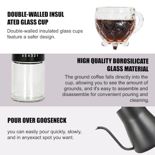 Pour Over Coffee Set, 5-in-1 Kit: 28oz Gooseneck Kettle with Thermometer, Grinder, 2 Glass Cups, Scoop & Wood Tray – Gift for Home Office Camping (Grey Box 5)