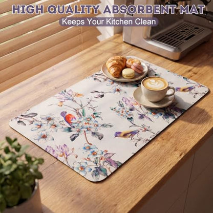 LemonRoad Dish Drying Mat for Kitchen Counter, 12"x20" Absorbent Coffee Bar Mat with Flowers Birds Design, Fast-dry Diatomite Drainer Drying Mats with Non-slip Backing for Kitchen Sink Countertop - style: Flowers and Birds
