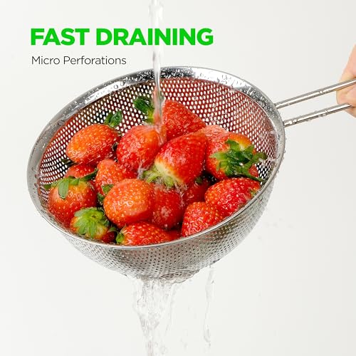 Premium 18/8 304 Stainless Steel Set of 3 – Micro-Perforated Strainer with Long Handle, Self-Draining Base for Pasta Rice Vegetables, 18/8 304 Heavy Duty (1.5, 2.5, 4 Qt) Made in Korea - size: 1.5+2.5+4QT Strainer