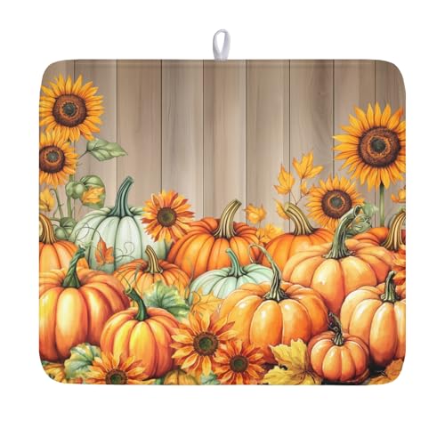 Fall Orang Pumpkin Dish Drying Mat for Kitchen Counter 16 x 18 Inch Autumn Sunflower Dish Drainer Mat Absorbent Microfiber Thanksgiving Wooden Dish Rack Pad for Coffee Dining Bar Decor - color: Pumpkin, size: 16" x 18"