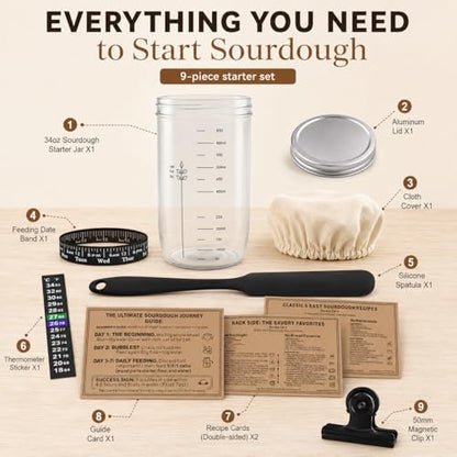 Sourdough Starter Kit for Beginners, 34oz Wide Mouth Sourdough Starter Jar with Guide & Recipes, Fridge Magnet Clip, Thermometer, Feeding Band, Spatula, Cloth & Aluminum Lid, Bread Baking Supplies
