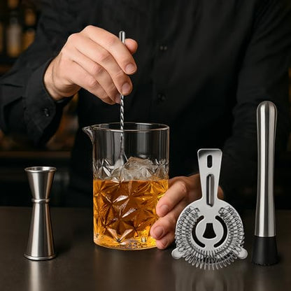 Cocktail Mixing Glass Kit, Bartender Gifts for Men | 24 OZ Crystal Stirring Glass with 304 Stainless Steel Bar Tools – 2 OZ 1 OZ Jigger, Muddler, Strainer, Spoon, Recipe
