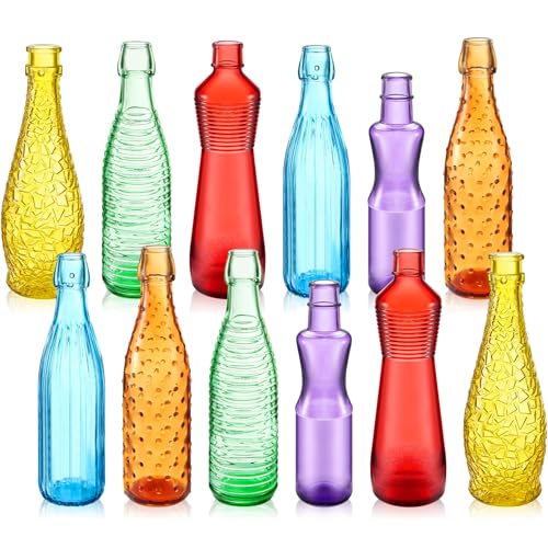 Zhehao 12 Pcs Colored Glass Bottles Colorful Empty Wine Bottles Decorative Glass Bottle for Bottle Tree Garden Yard Outdoor Home Decor(Light Rainbow Color,Textured) - color: Light Rainbow Color, style: Textured