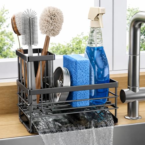 Cisily Sink Caddy Sponge Holder for Kitchen with Brush Holder and Stainless Steel Self Drain Tray, Rustproof Kitchen Sink Organizer for Sponge, Soap Dispenser Storage Accessories - color: Black, size: 8.26''