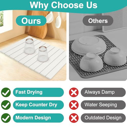 3 Pcs Large Stone Dish Drying Mat for Kitchen Sink Counter Dish Pads Diatomaceous Earth Mats Quick Fast Drying Stone Mat Diatomite Absorbent Tray Dry Matt Kitchen Countertop Dishes Drainer Mat - color: White