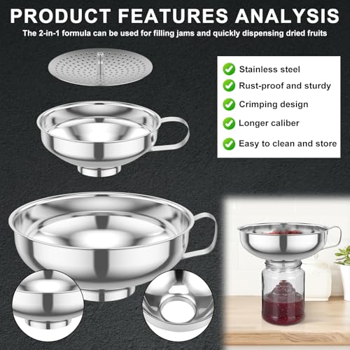 6 Piece Stainless Steel Canning Funnel Set with Strainers, Wide Mouth Mason Jar Funnels Family Pack, Metal Funnels for Filling Bottles, Canning Supplies for Preserving - color: Silver 6pcs