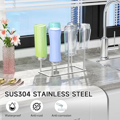 Water Bottle Drying Rack Reusable Bottle Rack Dryer Kitchen Stand Holder Metal Countertop Baby Bottle Drying Rack Water Cup Drying Rack for Plastic Bags, Bottles and Cups (Sliver, Large) - size: Large